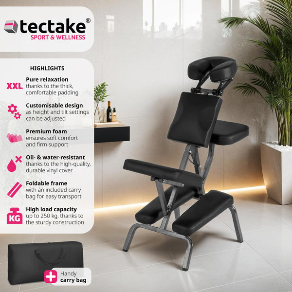 TecTake® Adjustable Massage Chair with Extra-Thick Padding, Robust Steel Frame, Artificial Leather, Removable Headrest & 200kg Load Capacity, Foldable Ergonomic Chair, Incl. Carrying Bag - Black