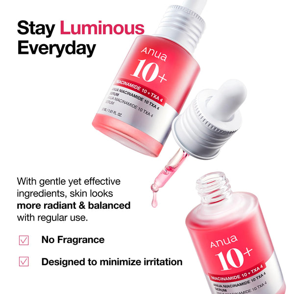 Anua Niacinamide 10 + TXA 4 Serum, Dark Spot Care, Hyaluronic Acid, Tranexamic Acid, Lightweight & Hydrating All-in-One Daily Facial Serum for Glass Skin, Korean Skincare, 30ml