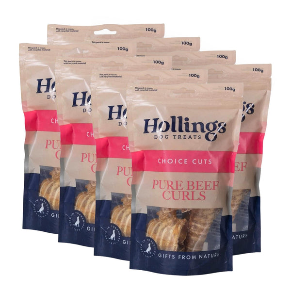 Hollings Beef Curls Dog Treats, All Natural Grain Free & Easily Digestible Air Dried Treats for Adult Dogs, Made From 100% Beef Trachea, 100g - Pack of 8