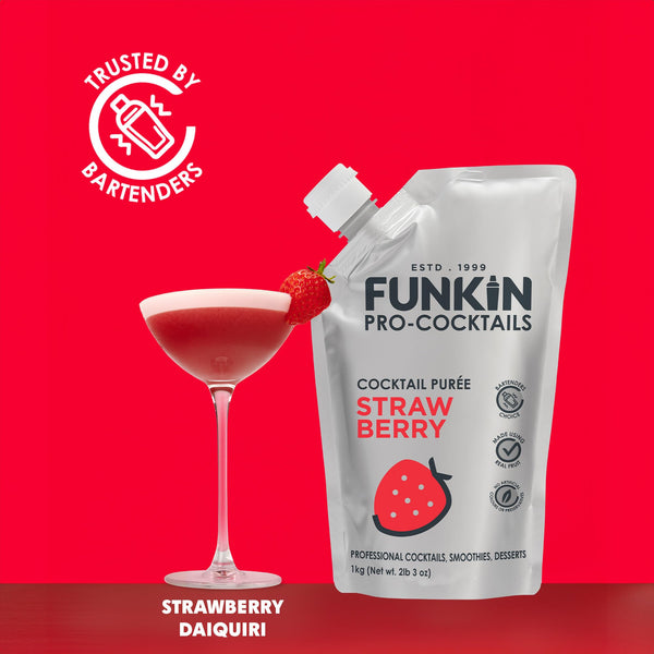 FUNKIN Strawberry Puree Cocktail Mixer | Made with Real Fruit | Fresh Fruit Puree for Professional Cocktails, Smoothies, & Desserts | 0% ABV | Resealable Pouch | 1kg, Pack of 1