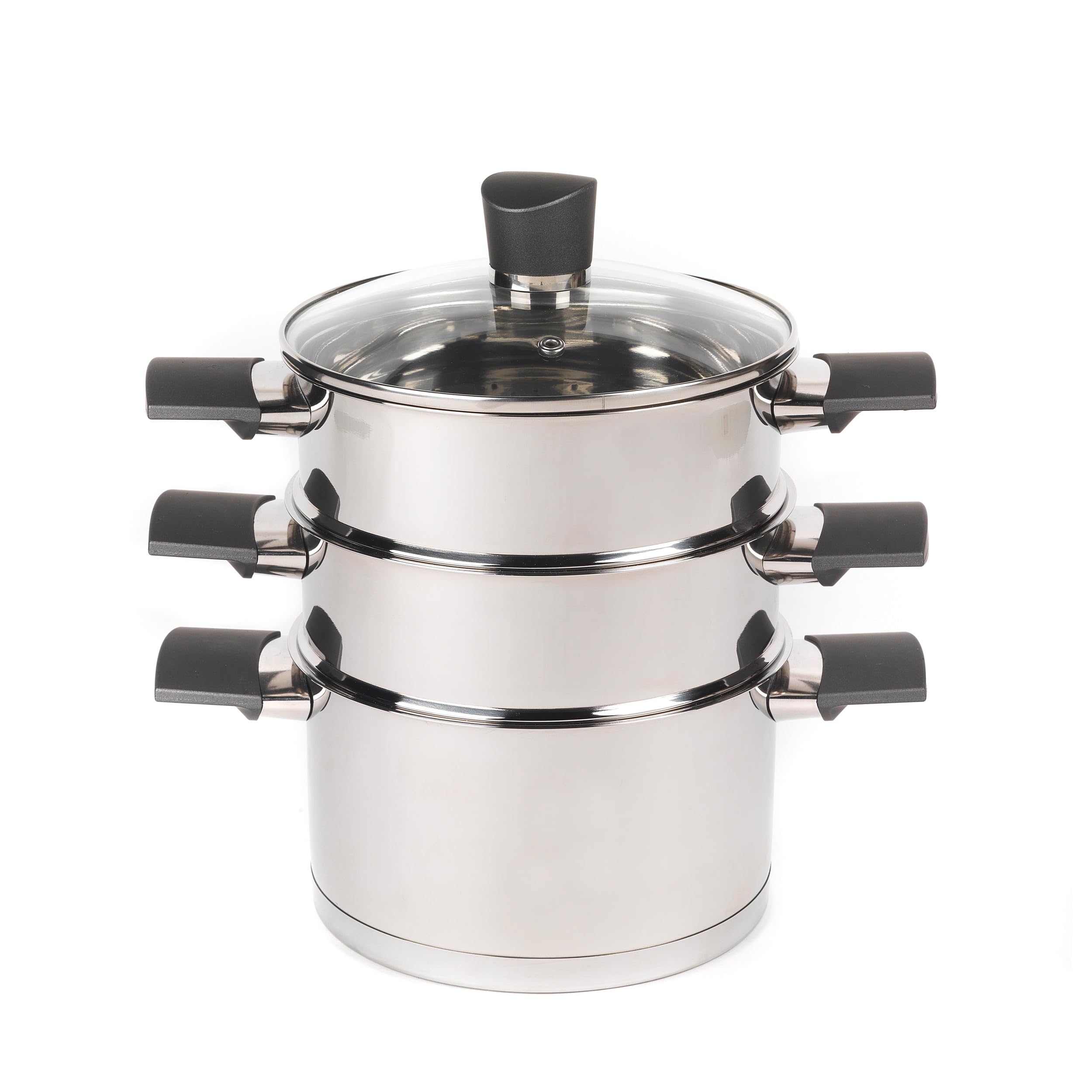 Russell Hobbs RH01170EU Excellence 3 Tier Steamer – 18 cm Cooking Pots with Tempered Glass Lid, Non-Stick Coating, Stainless Steel, Vegetable Steaming Pan, Induction Suitable, Soft Touch Handles