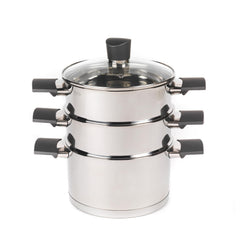 Russell Hobbs RH01170EU Excellence 3 Tier Steamer – 18 cm Cooking Pots with Tempered Glass Lid, Non-Stick Coating, Stainless Steel, Vegetable Steaming Pan, Induction Suitable, Soft Touch Handles