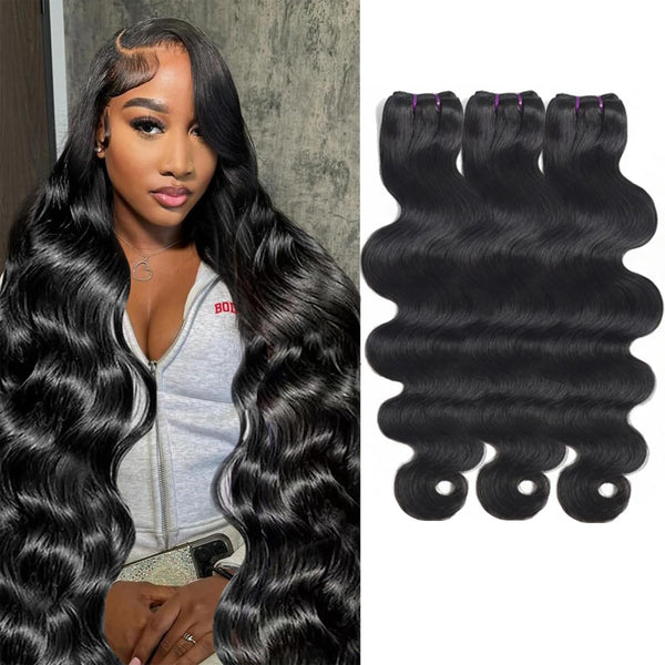 Beauty Queen 16A Body Wave Bundles Human Hair (16 18 20 Inch) 100% Unprocessed Brazilian Virgin Weave 3 Bundles Human Hair Full And Thick Remy Hair Extensions Natural Color for Women
