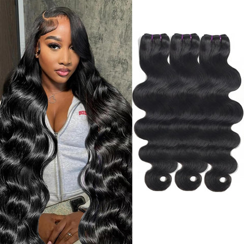 Beauty Queen 16A Body Wave Bundles Human Hair (16 18 20 Inch) 100% Unprocessed Brazilian Virgin Weave 3 Bundles Human Hair Full And Thick Remy Hair Extensions Natural Color for Women