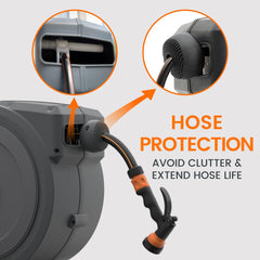 Giraffe Tools Retractable Hose Reel Wall Mounted, 30+2m Garden Hose Reel, 180° Pivoting with 7 in 1 Spray Nozzle, Grey (EUAW-30)