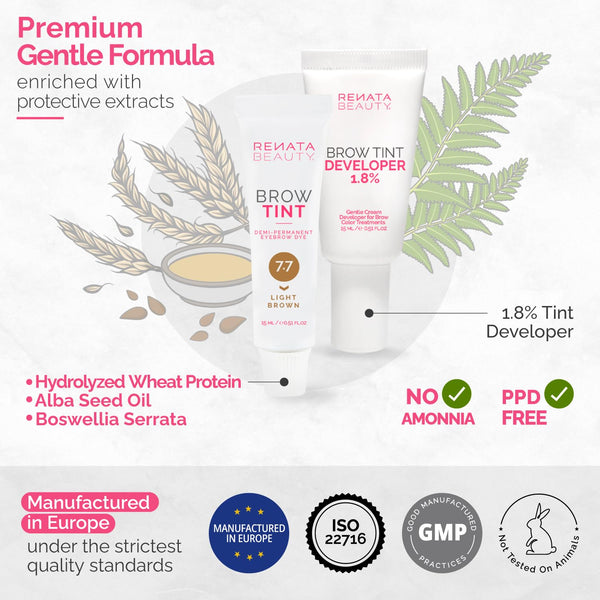 RB RENATA BEAUTY Brow Tint Kit – Eyebrow Tint Set – Dye Kit with Color Tint, Cream Developer and Styling Brush – Long-Lasting Effect Up to 4 Weeks – 30 Applications [Light Brown]