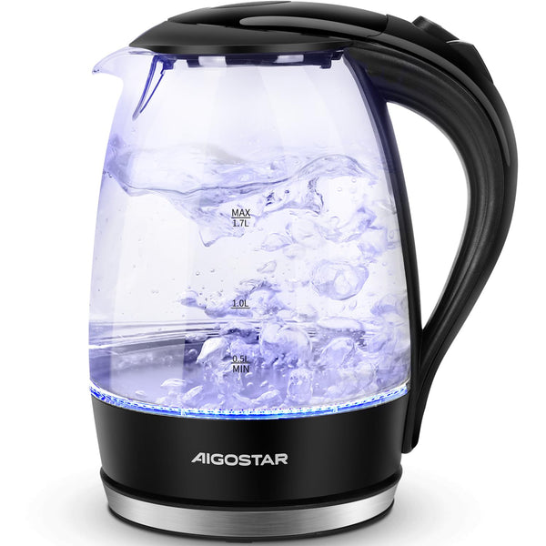 Aigostar Adam 30KHH Glass Electric Kettle, 2200W Fast Boil, 1.7L BPA-Free Water Boiler with LED Light, Auto Shut-Off & Boil-Dry Protection, Borosilicate Glass, Black