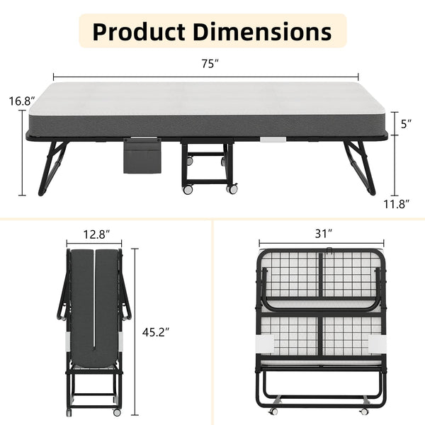 CAIYUN Folding Bed with Mattress,Guest Z Single Bed,Portable Foldable Beds with Memory Foam Mattress and Fabric Storage Bag,Spare Beds,Rollaway with Fold-up Metal Frame 190 x 80CM
