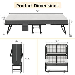 CAIYUN Folding Bed with Mattress,Guest Z Single Bed,Portable Foldable Beds with Memory Foam Mattress and Fabric Storage Bag,Spare Beds,Rollaway with Fold-up Metal Frame 190 x 80CM