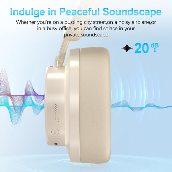 Noise Cancelling Headphones Wireless Bluetooth, Over Ear Headphones Bluetooth with Microphone, Cancelling Wireless Headphone Over Ear, 65h Playtime, Clear Calls, Comfort Fit For Travel (Beige)