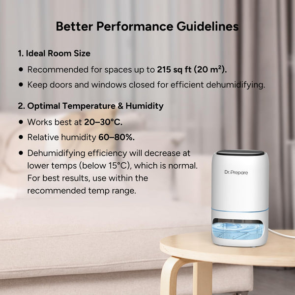 Dr. PREPARE 1000ml Dehumidifiers for Home, Small Dehumidifier for Bedroom, Ultra-Quiet, Auto Off, 3 Timer Functions, Portable Dehumidifier Remove Damp, Mold for Dorms, Offices, RVs, Garages - White