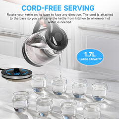 Aigostar Adam 30KHH Glass Electric Kettle, 2200W Fast Boil, 1.7L BPA-Free Water Boiler with LED Light, Auto Shut-Off & Boil-Dry Protection, Borosilicate Glass, Black