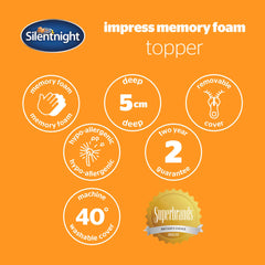 Silentnight Impress Memory Foam Mattress Topper - 5cm Thick Luxury Orthopedic King Size Mattress Topper for Back and Neck Pain - Removable Washable Cover