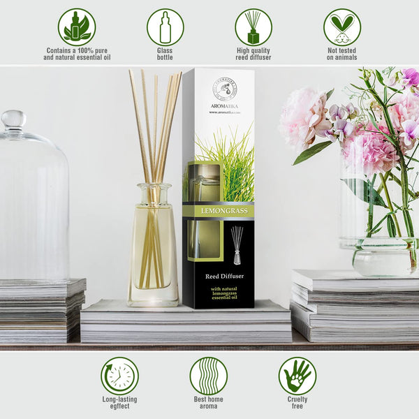 Reed Diffuser Lemongrass 100ml - Natural Lemongrass Essential Oil - Room Fragrance - Home Fragrance - Air Freshener - Scented Diffuser - Gift - Aromatherapy - Spa - Home - Office - Boutique