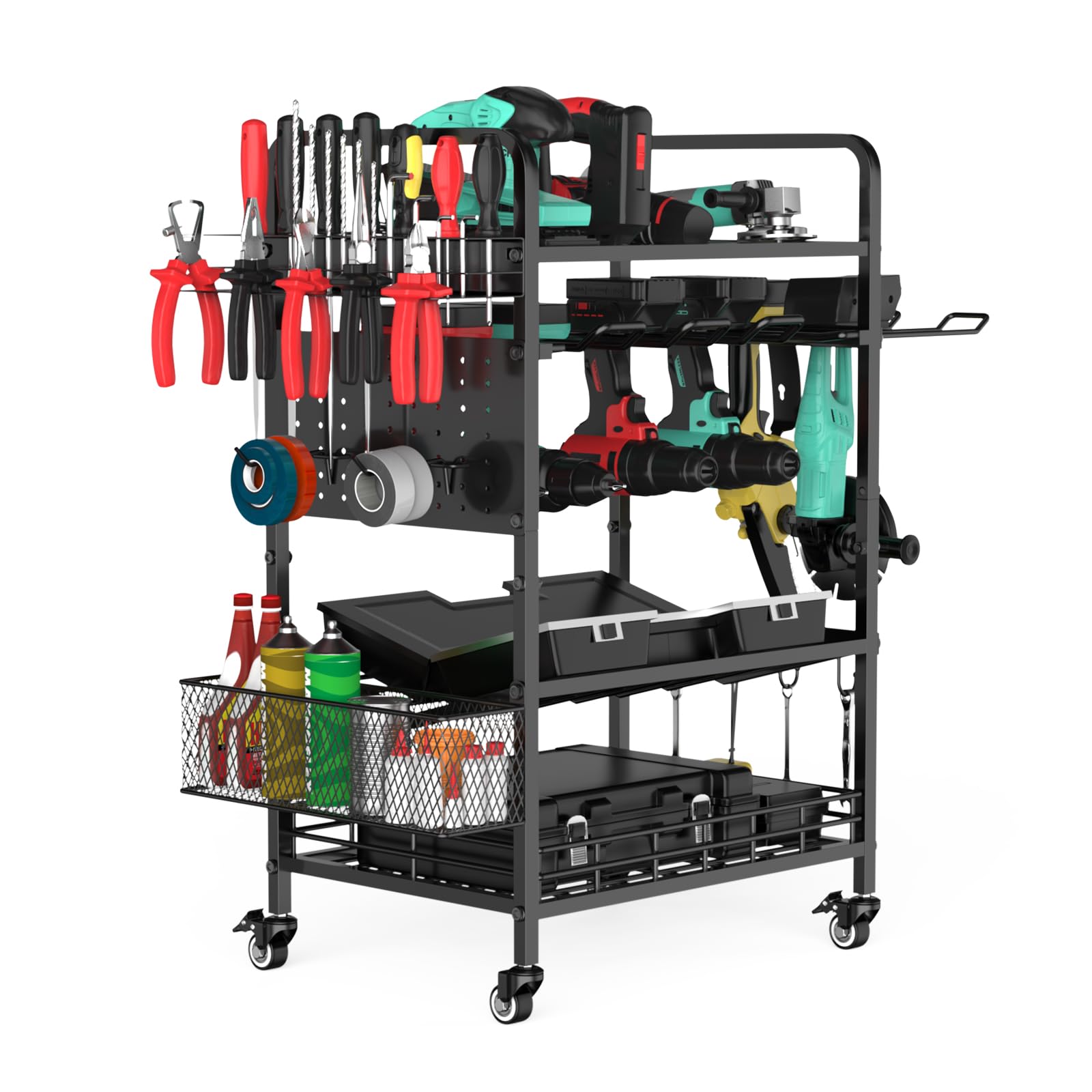 IMAYCC Power Tool Organizer Cart with Wheels-Movable Tools Garage Shelf Drill Holders 4 Layer Heavy Duty Metal Garage Storage Organization Shelves for for Workshop Tool Room and Outdoors Working