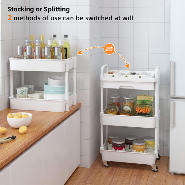 Wuciray Beauty Trolley on Wheels 3 Tier Storage Trolley with Drawer Plastic Beauty Trolleys Rolling Utility Cart Craft Trolleys on Wheels for Home Kitchen Bathroom Laundry Office White