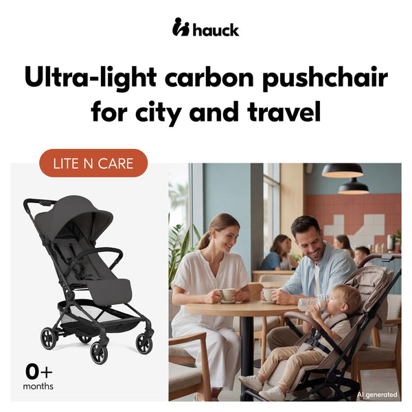 Hauck Lite N Care, Dark Anthracite - Cabin Approved, Ultra Light Carbon Fibre Pushchair (5.5 kg), Compact City & Travel Stroller with Carry Strap, One-Hand Fold, Fully Reclining from Birth to 22 kg