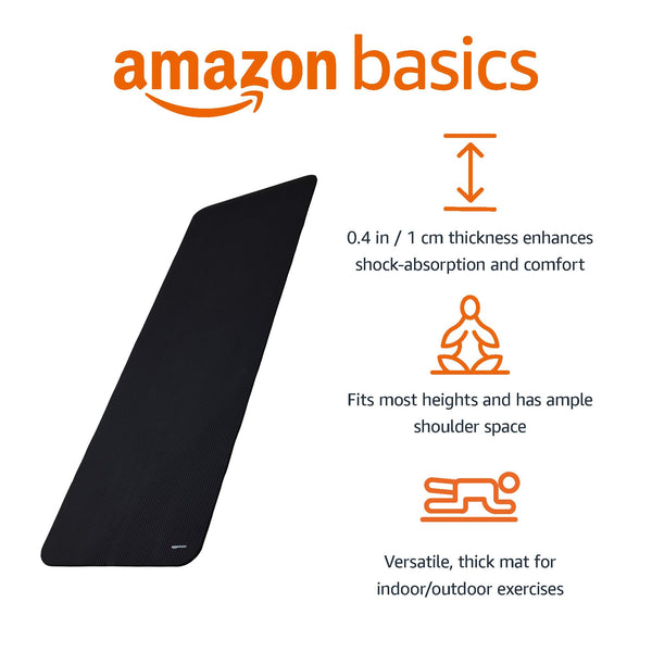 Amazon Basics - Yoga Mat, Non Slip, Extra Thick, for Pilates, Exercise, Black, 183 x 61 x 1 cm