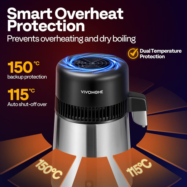 VIVOHOME Water Distiller 304 Stainless Steel 4L BPA Free Countertop Distilling Machine with Glass Container and Smart Switch for Pure Water at Home or Office