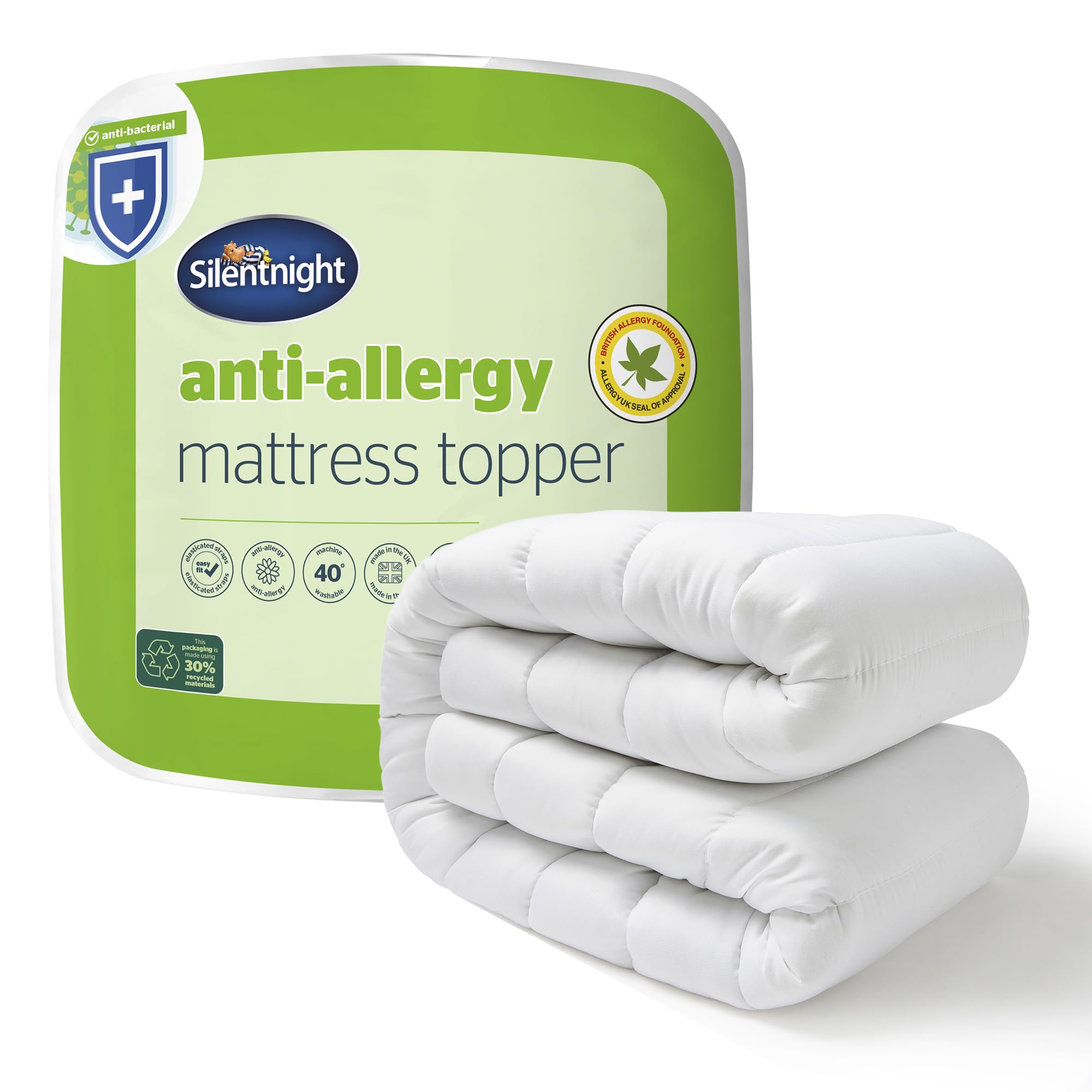 Silentnight Anti-Allergy King Mattress Topper - Thick Deep Mattress Pad Protecting Against Allergies and Dust Mites - Hypoallergenic and Machine Washable - King Bed, White