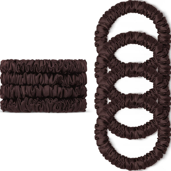 Scrunchies Hair Ties Silk Satin Scrunchy, WantGor Women 4PC Pure Mulberry Silk Skinny Elastic Scrunchies Hair Bands Bracelets Ponytail Holders Hair Accessories (Brown*4)