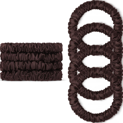Scrunchies Hair Ties Silk Satin Scrunchy, WantGor Women 4PC Pure Mulberry Silk Skinny Elastic Scrunchies Hair Bands Bracelets Ponytail Holders Hair Accessories (Brown*4)