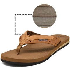 KuaiLu Flip Flops Mens Leather Arch Support Summer Wide Fit Beach Pool Thong Sandals Yoga Memory Foam Cushion Slip On Shower Cloth Fabric Non Slip Orthotics Plantar Fasciitis FlipFlops Khaki Brown 8.5