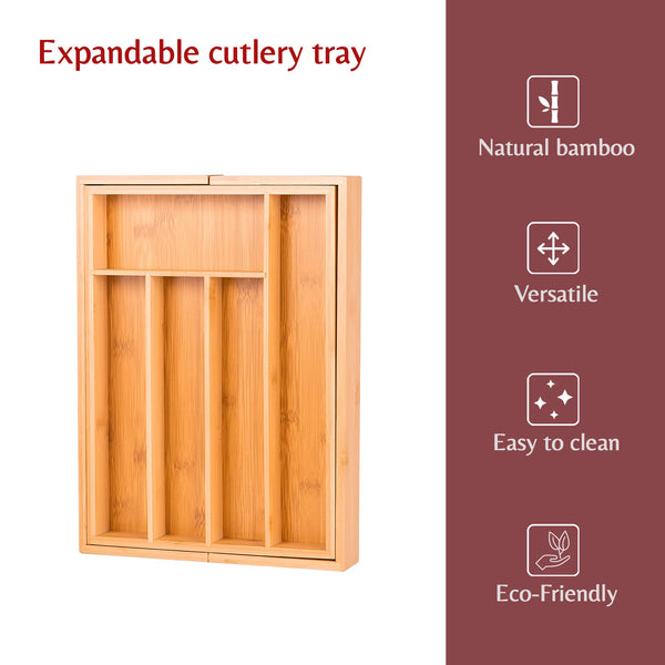 Innoteck Natural Bamboo Expandable Cutlery Tray – Adjustable Kitchen Drawer Divider for Silverware and Kitchenware with 5 to 7 Compartments