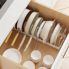 MENGCOOL Expandable Pans Organiser Rack, Pan Lid Storage with 10 Adjustable Dividers, Pot Lid Holder, Kitchen Cupboard Organiser (White)
