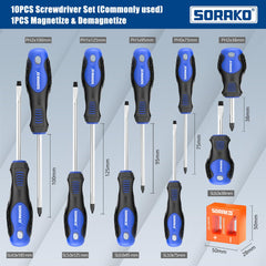 SORAKO 11PCS Screwdriver Set, with 2-in-1 Magnetizer, High-Density Nylon Store Bag, Magnetic Tip, Professional Non-Slip Handle, with 5 Phillips Screwdrivers, 5 Slotted Screwdriver