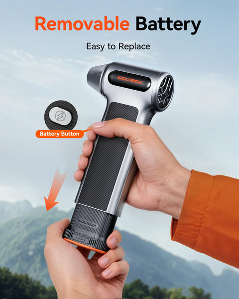 WOLFBOX MF200 Compressed Air Duster with Removable Battery, Super Power Cordless Blower - 3-Speed Adjustable, Long Life Mini Air Duster with 4 Nozzles for Computer Keyboard, Car Cleaning, Outdoor Use