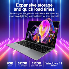 15.6" Full HD Laptop - 8GB RAM 512GB M.2 SSD Windows 11 Home, Dual-Band WiFi, Integrated Webcam - S15 N2 15 Inch Lightweight Laptop