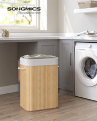 SONGMICS Laundry Basket with Lid 72L Bamboo Foldable Laundry Basket with Removable Washable Bag Handles for Laundry Room Bedroom LCB10Y