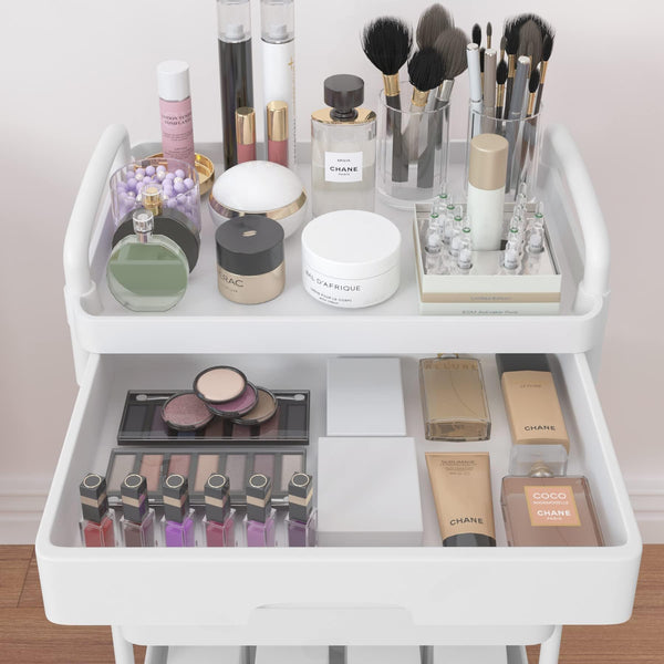 Wuciray Beauty Trolley on Wheels 3 Tier Storage Trolley with Drawer Plastic Beauty Trolleys Rolling Utility Cart Craft Trolleys on Wheels for Home Kitchen Bathroom Laundry Office White