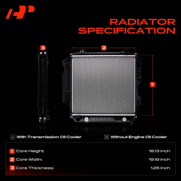 A-Premium Engine Coolant Radiator with Transmission Oil Cooler Compatible with Jeep Wrangler 87-95 97-06, TJ 97-06, 2.4L 2.5L 4.0L 4.2L, Automatic Transmission, Replace# 1682, 52080183AC