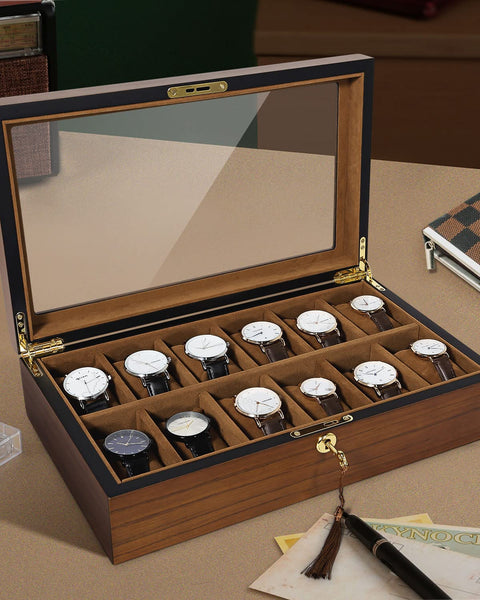 Uten Watch Box with 12 Slots, Watch Case Organizer with Golden Lock and Key, Wooden Watch Display Storage Box with Removable Watch Cushions, Velvet Lining, Metal Clasp, Gift for Men & Women