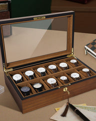 Uten Watch Box with 12 Slots, Watch Case Organizer with Golden Lock and Key, Wooden Watch Display Storage Box with Removable Watch Cushions, Velvet Lining, Metal Clasp, Gift for Men & Women
