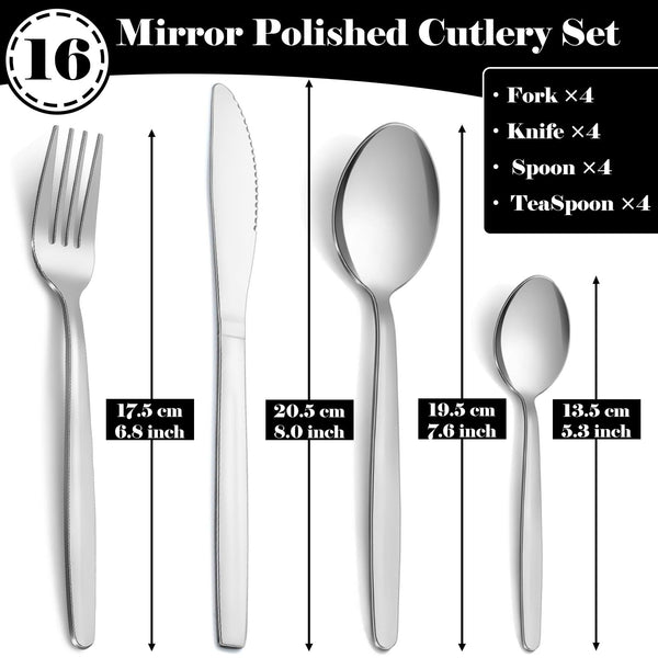 Bestdin Cutlery Set - 16 Piece Cutlery Set for 4 People, Stainless Steel Tableware Silverware Set with Spoon Knife and Fork Sets, Ideal for Home/Party/Restaurant, Mirror-Polished & Dishwasher-Safe