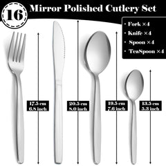 Bestdin Cutlery Set - 16 Piece Cutlery Set for 4 People, Stainless Steel Tableware Silverware Set with Spoon Knife and Fork Sets, Ideal for Home/Party/Restaurant, Mirror-Polished & Dishwasher-Safe