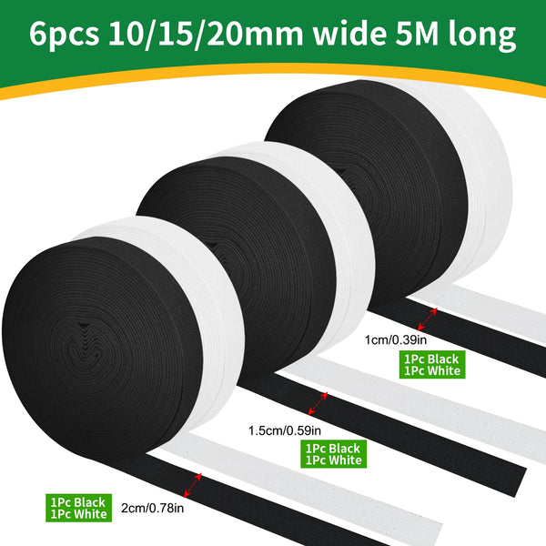 Ysimple 6 Pcs Elastic for Sewing 10/15/20mm, 30 Meters Black & White Elastic, Flat Sewing Elastics Heavy Stretch High Elasticity, Waistband Elastics for Waistband, Clothing, Crafts