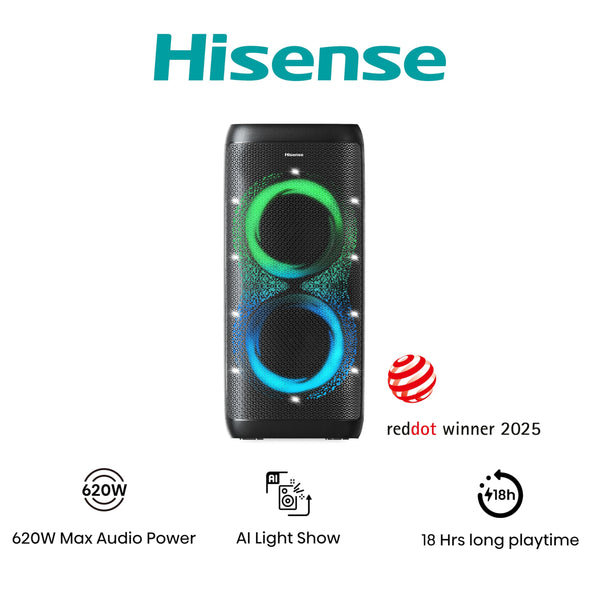 Hisense PARTY THUNDER, 620W Max Audio Power, AI Light Show, 18 Hrs long playtime, Auracast™ receiver,Portability,ConnectLife, IPX4 Waterproof, AI Vocal Fader, Bluetooth 5.4