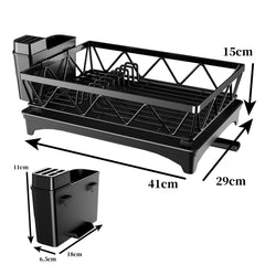 PKBD 1 Tier Large Dish Drying Rack with Drip Tray, Detachable Dish Drainer Rack with Swivel Drainage Spout, Cutting-Board Holder, Cup Holder, Organize Shelf with Utensil Holder Set, Black