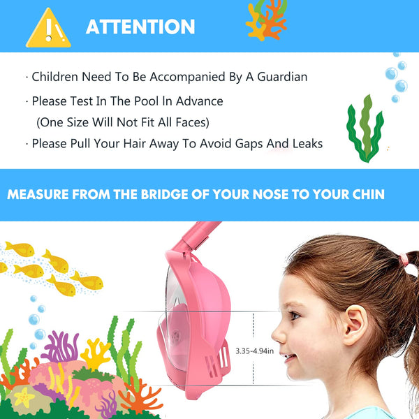 Kids Snorkel Mask Full Face, Snorkeling Gear for Kids 3-14 with Camera Mount, 180 Degree Panoramic View Snorkeling Set Anti-Fog Anti-Leak (Blue+Pink)