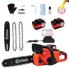 Cordless Electric Chainsaw 12 Inch，21 V Brushless Bettery Chainsaw with 2 Chains and 1 Guide Bars, 2 Batteries. Chain Saw for Pruning Trees Trimming Branches Wood Cutting