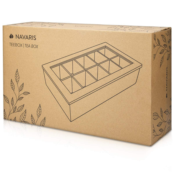 Navaris Bamboo Tea Box - Chest Organiser with 10 Compartments for Tea Bags - Wooden Case Container with Transparent Lid for Individual Tea Bag Storage