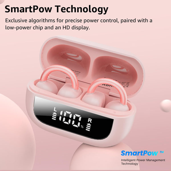 TOZO OpenEarRing Open Ear Headphones, Clip On Earphones, Lightweight Comfort, Wireless Open Ear Earbuds with Smart Digital Display, 40H Playtime, IPX5 Waterproof, Bluetooth 5.4, Custom EQ (Pink)