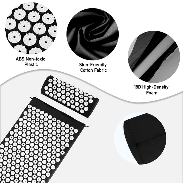Acupressure Mat, Acupuncture Mat, Massage Mat and Pillow Set, Relieving Neck and Back Pain, Muscle Relaxation and Stress Reduction, Sciatica Relief, Suitable for Men and Women, Carry a Handbag, Black