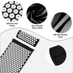 Acupressure Mat, Acupuncture Mat, Massage Mat and Pillow Set, Relieving Neck and Back Pain, Muscle Relaxation and Stress Reduction, Sciatica Relief, Suitable for Men and Women, Carry a Handbag, Black