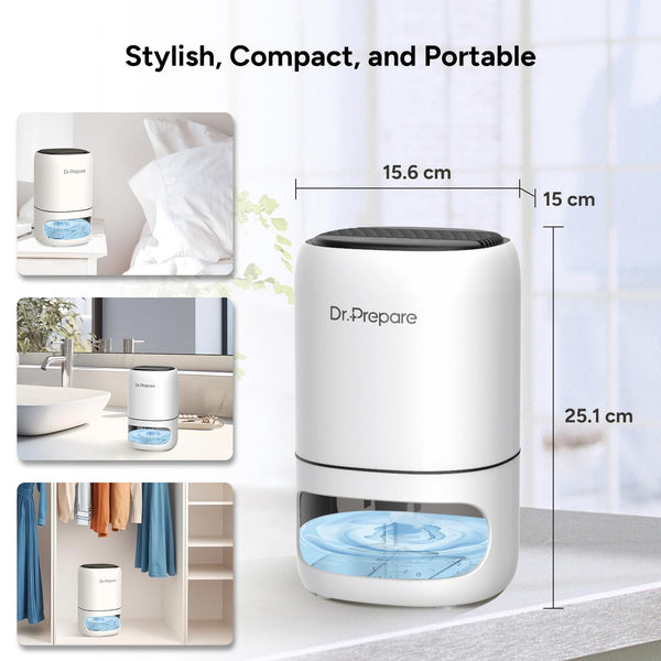 Dr. PREPARE 1000ml Dehumidifiers for Home, Small Dehumidifier for Bedroom, Ultra-Quiet, Auto Off, 3 Timer Functions, Portable Dehumidifier Remove Damp, Mold for Dorms, Offices, RVs, Garages - White
