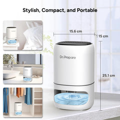 Dr. PREPARE 1000ml Dehumidifiers for Home, Small Dehumidifier for Bedroom, Ultra-Quiet, Auto Off, 3 Timer Functions, Portable Dehumidifier Remove Damp, Mold for Dorms, Offices, RVs, Garages - White